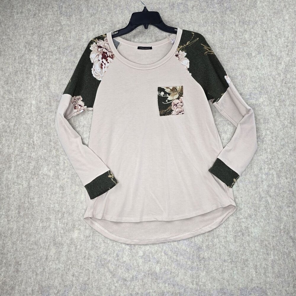 Floral & Solid Long Sleeve Top By Staccato - Womens L - Rayon/Polyester Blend